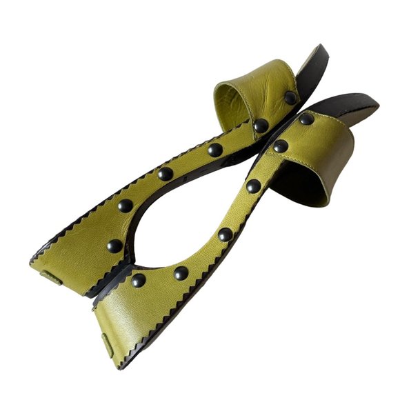 Vintage YVES SAINT LAURENT Green Leather Studded Wooden Slides Sandals Sz.10 - Picture 11 of 16